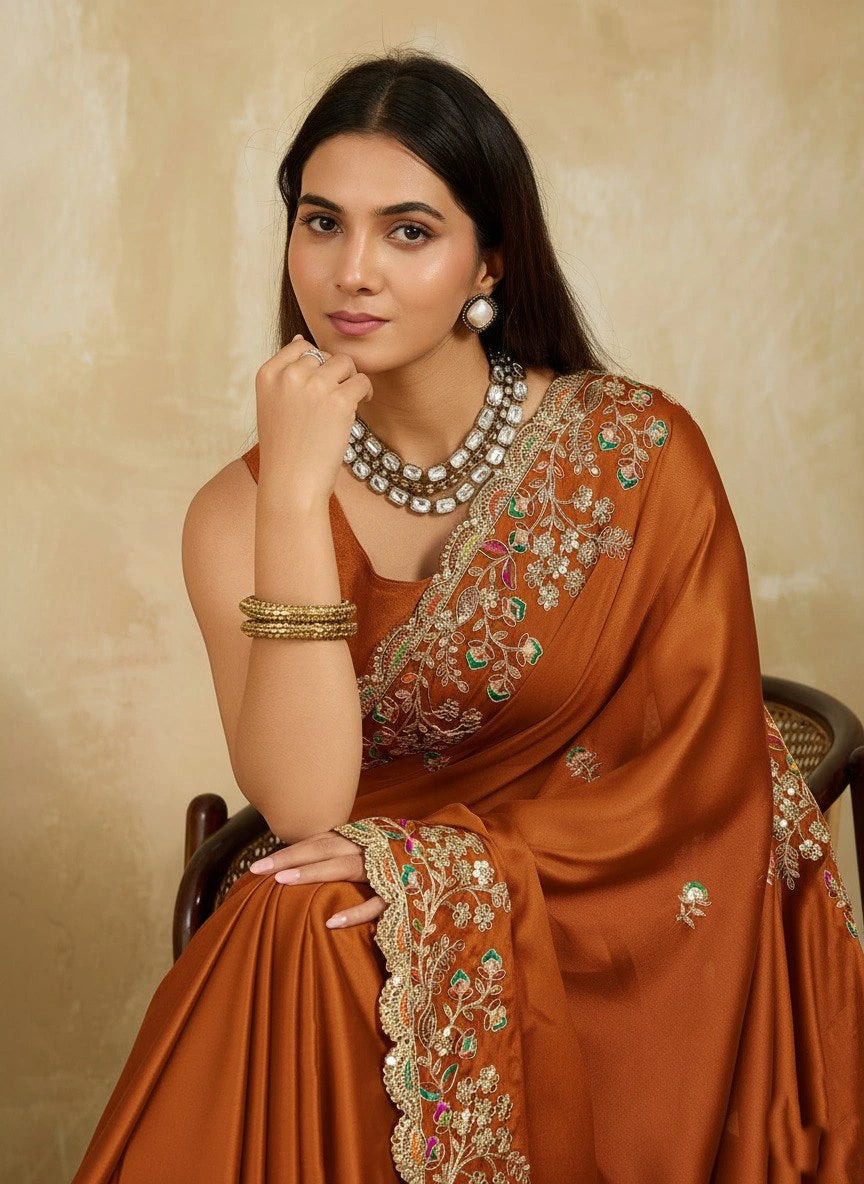 Woman wearing an orange saree with intricate embroidery against a beige background